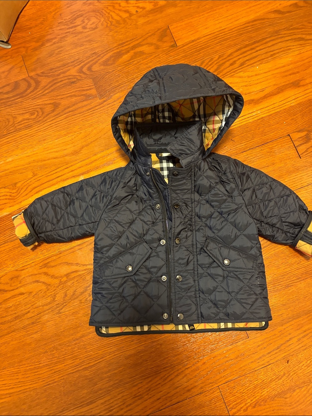 Burberry Navy Quilted Hooded Kids Jacket with Check Lining